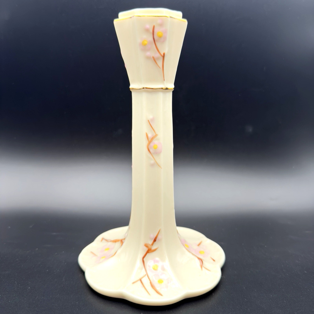 Vintage Belleek Candlestick Thorn Pattern Pink Flowers 1980s Gold Mark 6.75"
